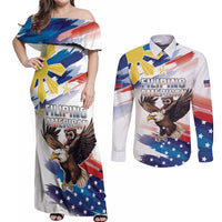 Filipino American History Month Couples Matching Off Shoulder Maxi Dress and Long Sleeve Button Shirt Bald Eagle Tarsier Together LT05 White - Polynesian Pride
