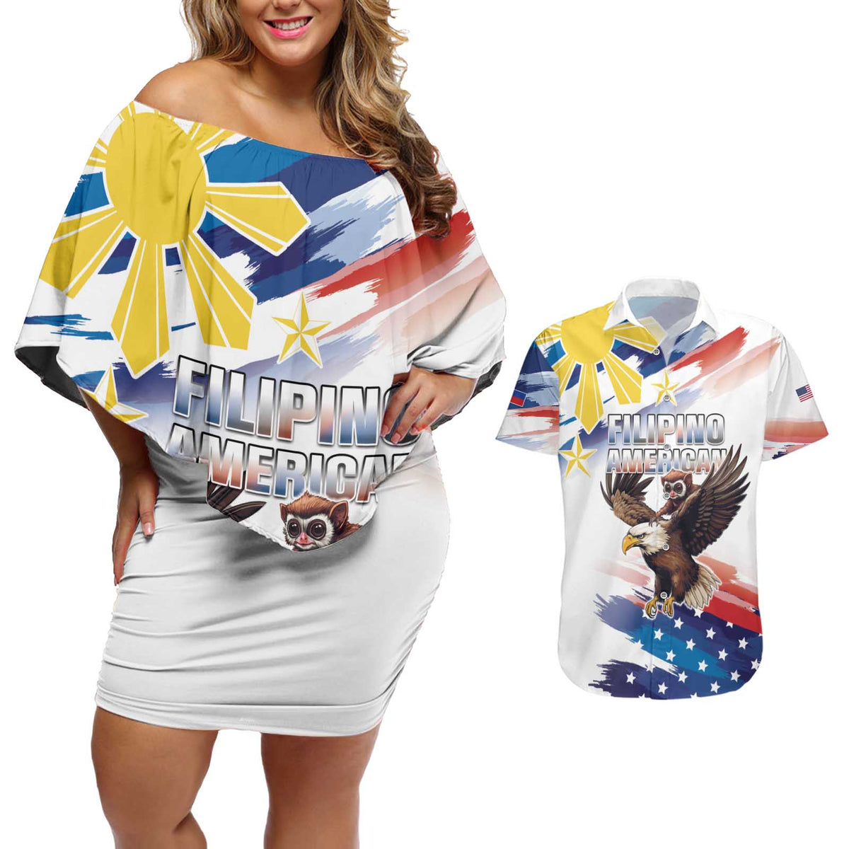 Filipino American History Month Couples Matching Off Shoulder Short Dress and Hawaiian Shirt Bald Eagle Tarsier Together LT05 White - Polynesian Pride