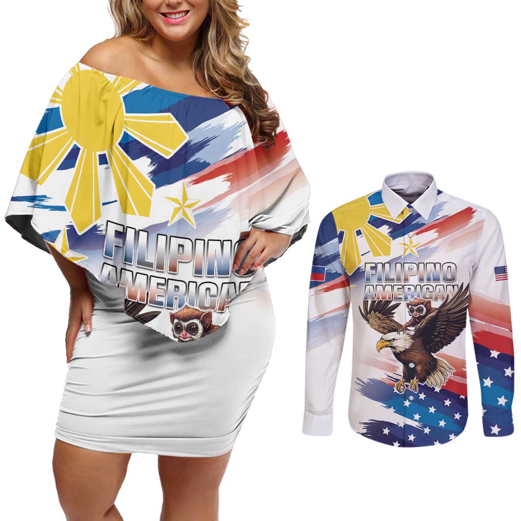 Filipino American History Month Couples Matching Off Shoulder Short Dress and Long Sleeve Button Shirt Bald Eagle Tarsier Together LT05 White - Polynesian Pride