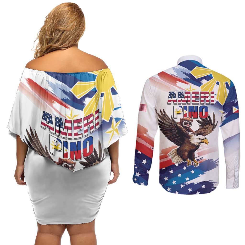 Filipino American History Month Couples Matching Off Shoulder Short Dress and Long Sleeve Button Shirt Bald Eagle Tarsier Together LT05 - Polynesian Pride