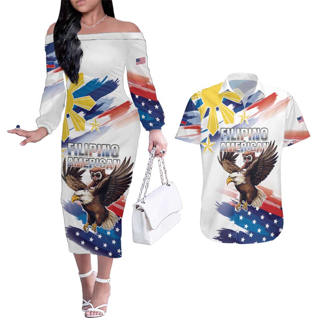 Filipino American History Month Couples Matching Off The Shoulder Long Sleeve Dress and Hawaiian Shirt Bald Eagle Tarsier Together LT05 White - Polynesian Pride