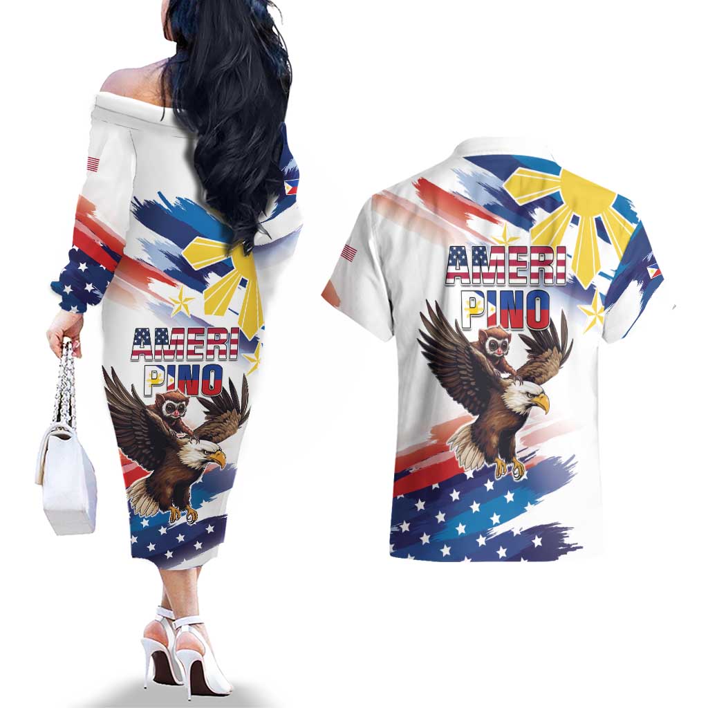 Filipino American History Month Couples Matching Off The Shoulder Long Sleeve Dress and Hawaiian Shirt Bald Eagle Tarsier Together LT05 - Polynesian Pride