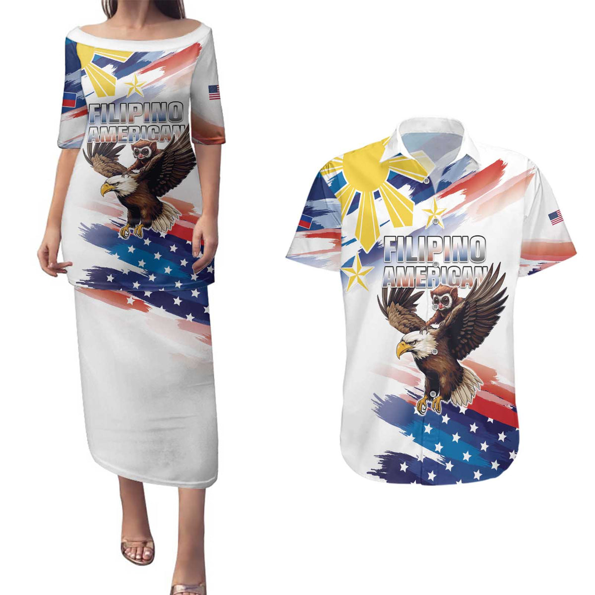 Filipino American History Month Couples Matching Puletasi and Hawaiian Shirt Bald Eagle Tarsier Together LT05 White - Polynesian Pride