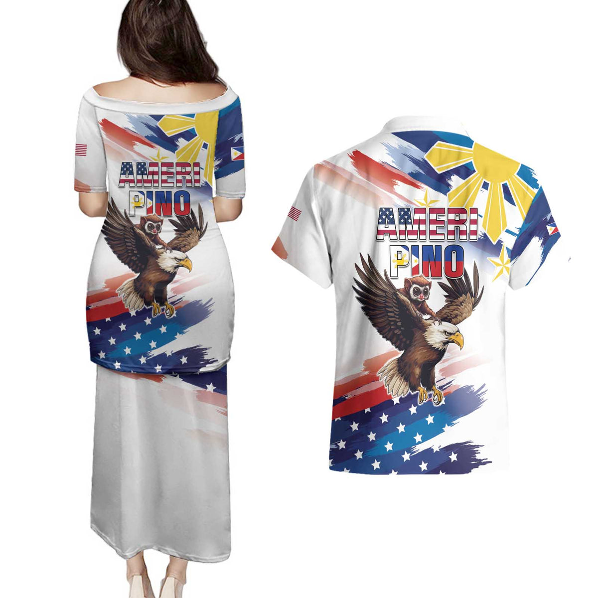 Filipino American History Month Couples Matching Puletasi and Hawaiian Shirt Bald Eagle Tarsier Together LT05 - Polynesian Pride