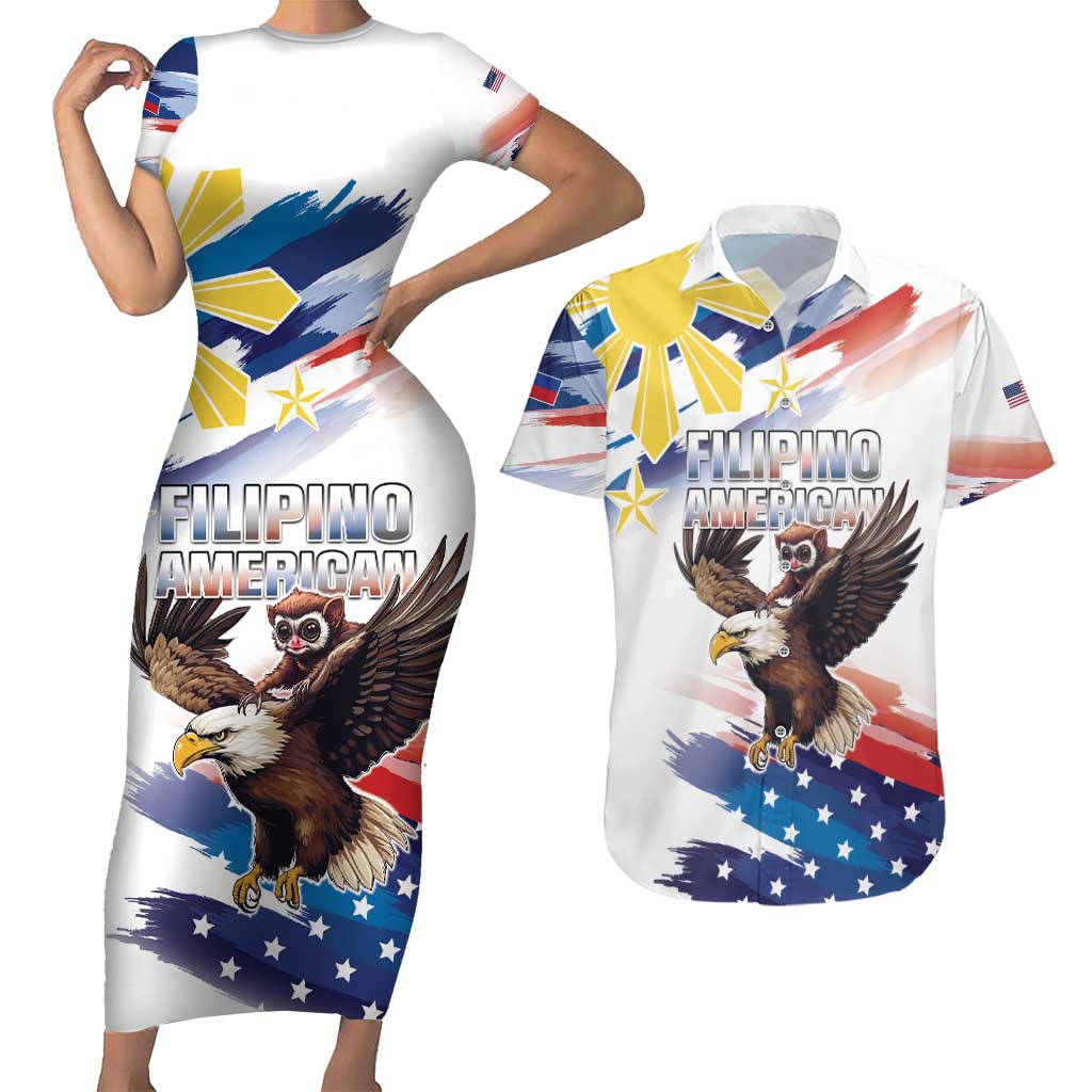 Filipino American History Month Couples Matching Short Sleeve Bodycon Dress and Hawaiian Shirt Bald Eagle Tarsier Together LT05 White - Polynesian Pride