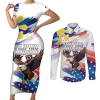 Filipino American History Month Couples Matching Short Sleeve Bodycon Dress and Long Sleeve Button Shirt Bald Eagle Tarsier Together LT05 White - Polynesian Pride