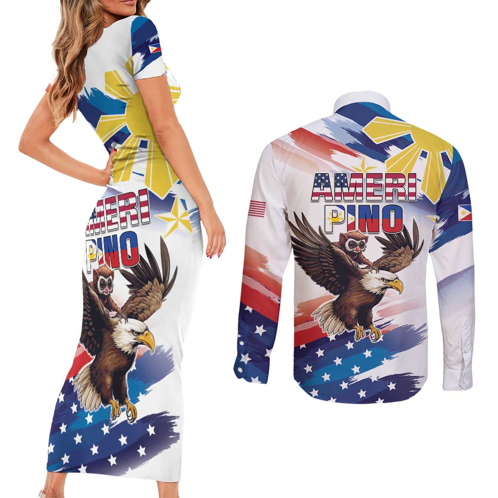 Filipino American History Month Couples Matching Short Sleeve Bodycon Dress and Long Sleeve Button Shirt Bald Eagle Tarsier Together LT05 - Polynesian Pride