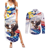 Filipino American History Month Couples Matching Summer Maxi Dress and Long Sleeve Button Shirt Bald Eagle Tarsier Together LT05 White - Polynesian Pride