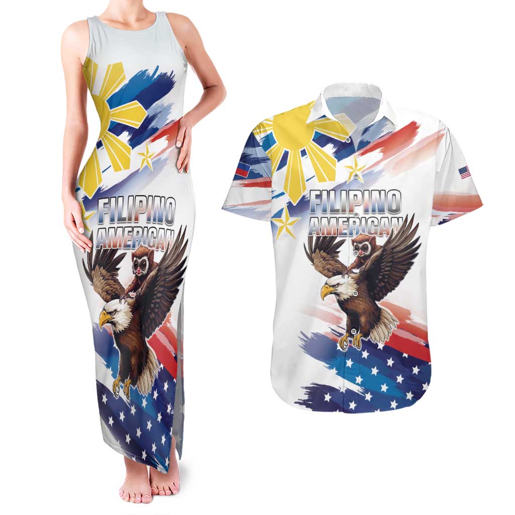 Filipino American History Month Couples Matching Tank Maxi Dress and Hawaiian Shirt Bald Eagle Tarsier Together LT05 White - Polynesian Pride