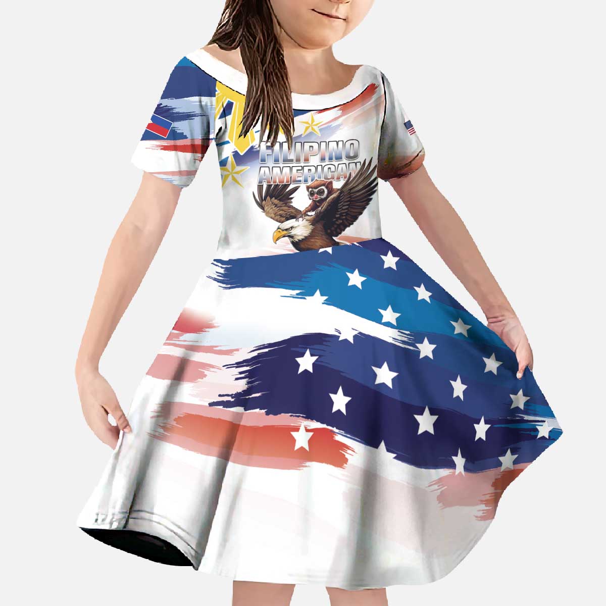 Filipino American History Month Family Matching Off The Shoulder Long Sleeve Dress and Hawaiian Shirt Bald Eagle Tarsier Together LT05 Daughter's Dress White - Polynesian Pride
