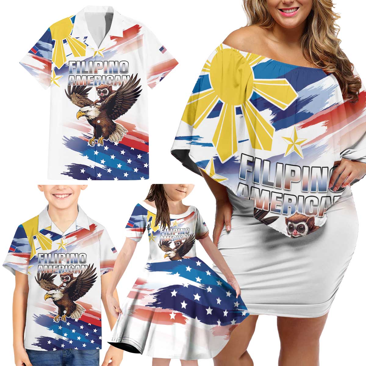 Filipino American History Month Family Matching Off Shoulder Short Dress and Hawaiian Shirt Bald Eagle Tarsier Together LT05 - Polynesian Pride