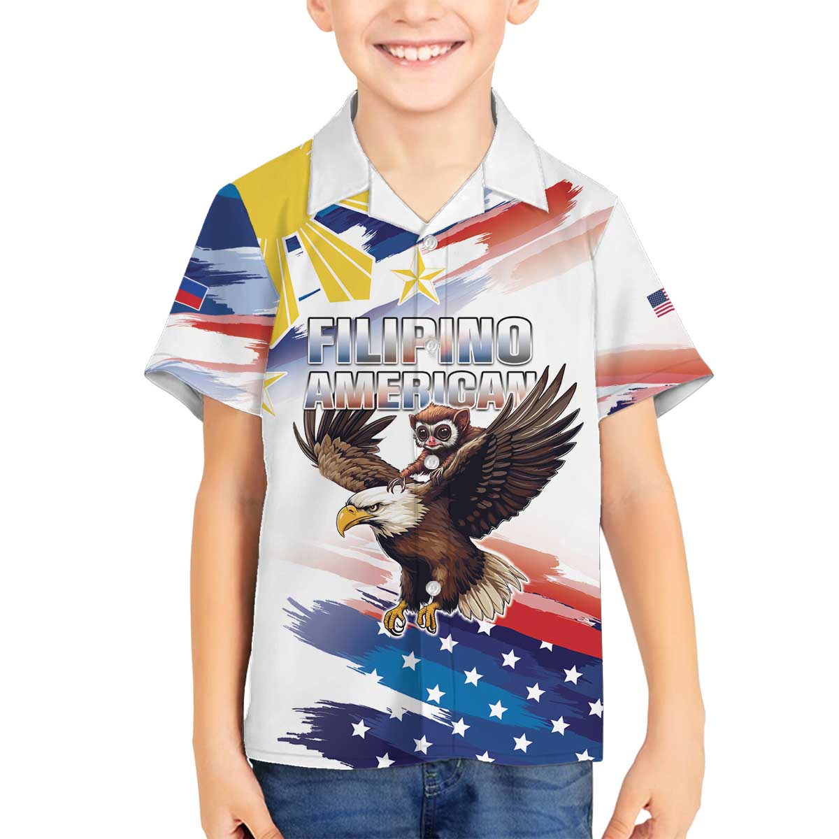 Filipino American History Month Family Matching Off Shoulder Short Dress and Hawaiian Shirt Bald Eagle Tarsier Together LT05 Son's Shirt White - Polynesian Pride