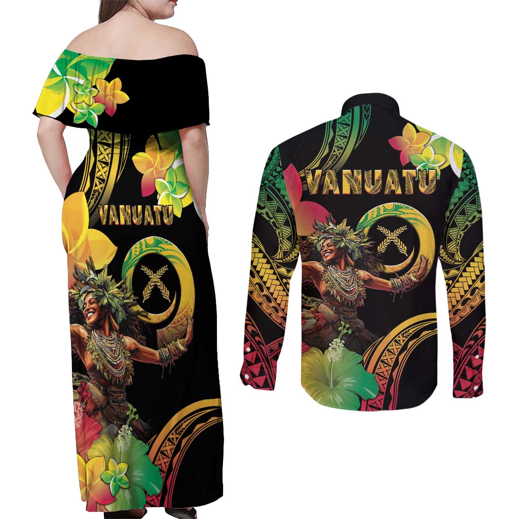 Halo Vanuatu Couples Matching Off Shoulder Maxi Dress and Long Sleeve Button Shirt Beautiful Woman Dancing LT05 - Polynesian Pride