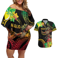 Halo Vanuatu Couples Matching Off Shoulder Short Dress and Hawaiian Shirt Beautiful Woman Dancing LT05 Black - Polynesian Pride