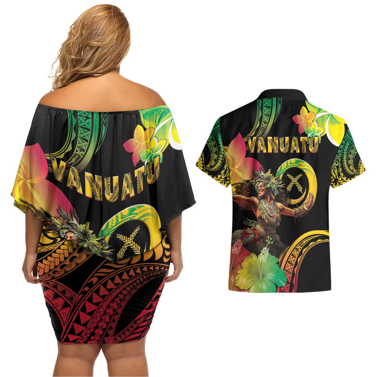 Halo Vanuatu Couples Matching Off Shoulder Short Dress and Hawaiian Shirt Beautiful Woman Dancing LT05 - Polynesian Pride