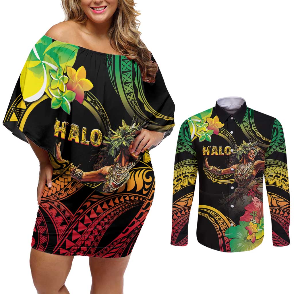 Halo Vanuatu Couples Matching Off Shoulder Short Dress and Long Sleeve Button Shirt Beautiful Woman Dancing LT05 Black - Polynesian Pride