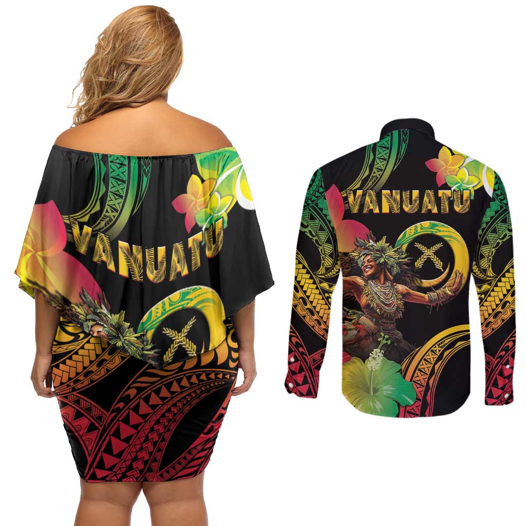 Halo Vanuatu Couples Matching Off Shoulder Short Dress and Long Sleeve Button Shirt Beautiful Woman Dancing LT05 - Polynesian Pride