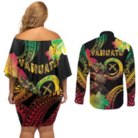 Halo Vanuatu Couples Matching Off Shoulder Short Dress and Long Sleeve Button Shirt Beautiful Woman Dancing LT05 - Polynesian Pride