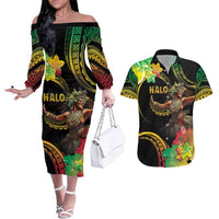 Halo Vanuatu Couples Matching Off The Shoulder Long Sleeve Dress and Hawaiian Shirt Beautiful Woman Dancing LT05 Black - Polynesian Pride