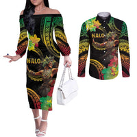 Halo Vanuatu Couples Matching Off The Shoulder Long Sleeve Dress and Long Sleeve Button Shirt Beautiful Woman Dancing LT05 Black - Polynesian Pride