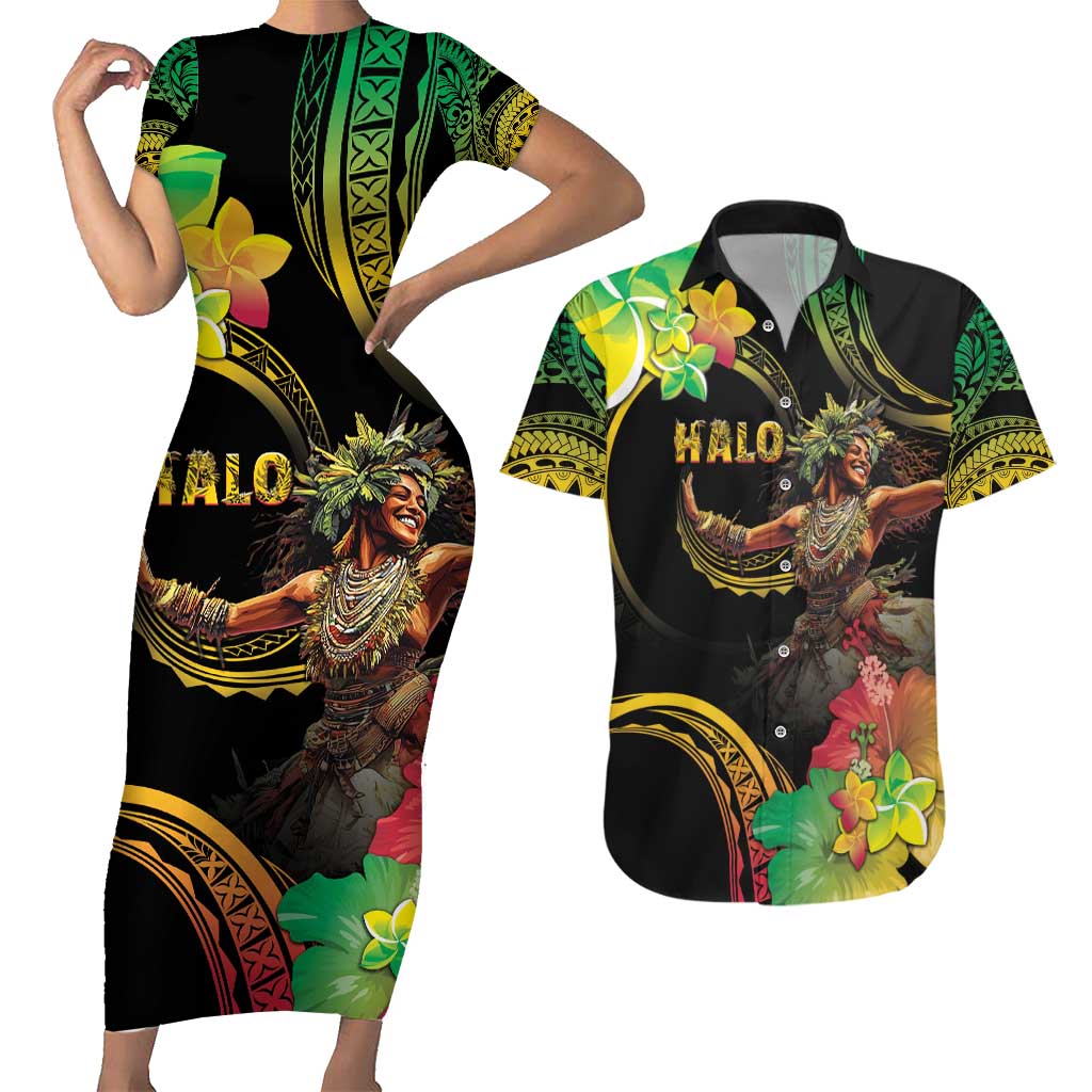 Halo Vanuatu Couples Matching Short Sleeve Bodycon Dress and Hawaiian Shirt Beautiful Woman Dancing LT05 Black - Polynesian Pride