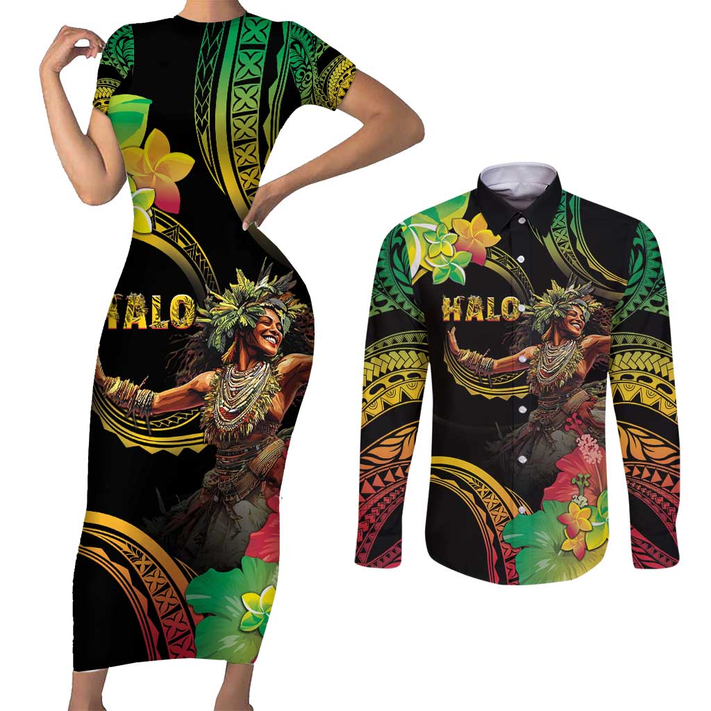 Halo Vanuatu Couples Matching Short Sleeve Bodycon Dress and Long Sleeve Button Shirt Beautiful Woman Dancing LT05 Black - Polynesian Pride