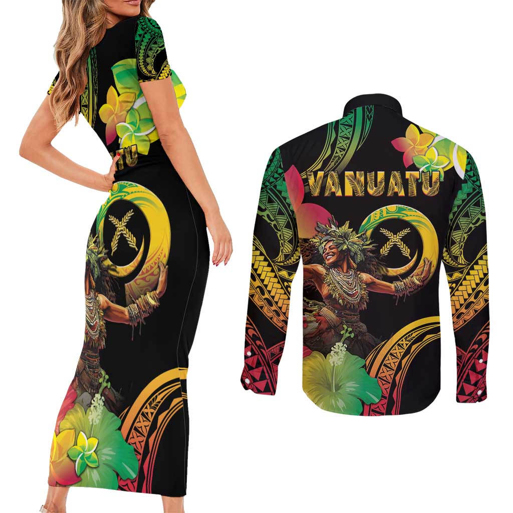 Halo Vanuatu Couples Matching Short Sleeve Bodycon Dress and Long Sleeve Button Shirt Beautiful Woman Dancing LT05 - Polynesian Pride