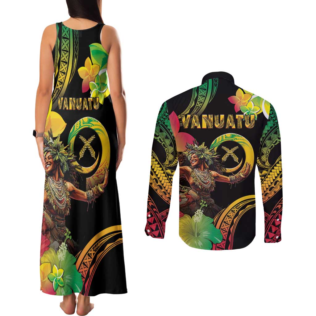 Halo Vanuatu Couples Matching Tank Maxi Dress and Long Sleeve Button Shirt Beautiful Woman Dancing LT05 - Polynesian Pride
