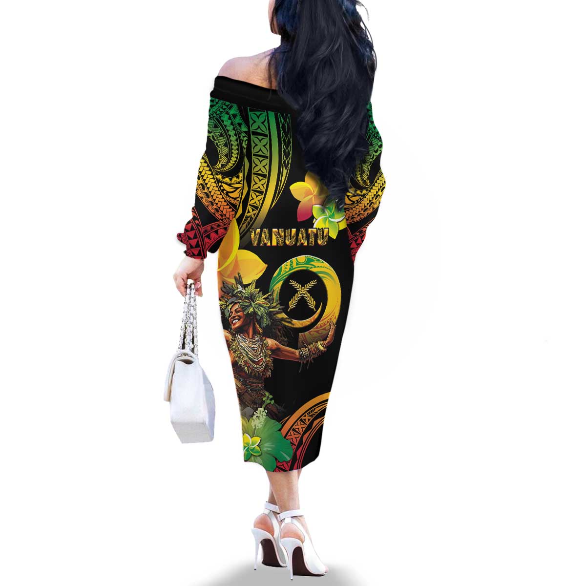 Halo Vanuatu Family Matching Off The Shoulder Long Sleeve Dress and Hawaiian Shirt Beautiful Woman Dancing LT05 - Polynesian Pride