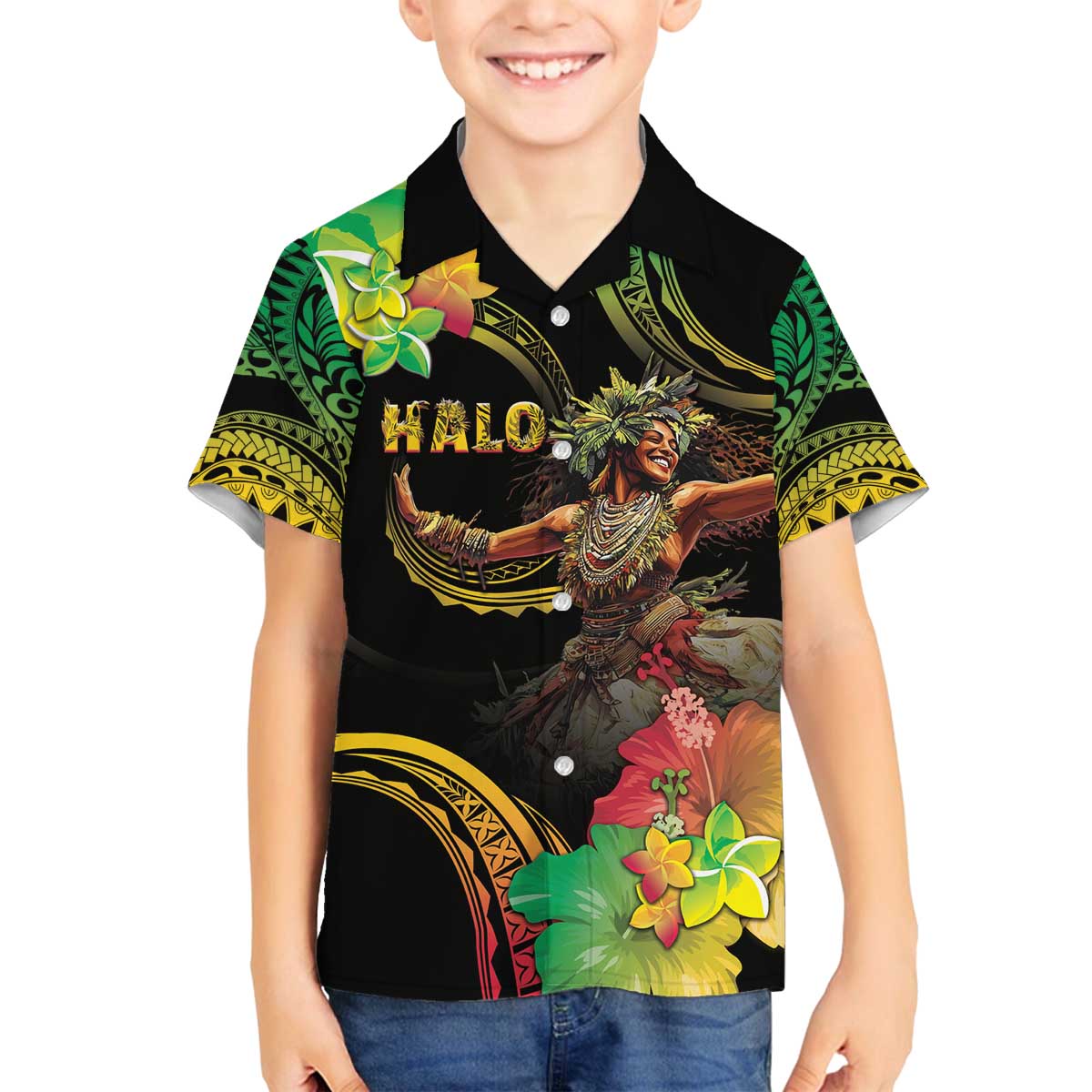 Halo Vanuatu Family Matching Off The Shoulder Long Sleeve Dress and Hawaiian Shirt Beautiful Woman Dancing LT05 Son's Shirt Black - Polynesian Pride