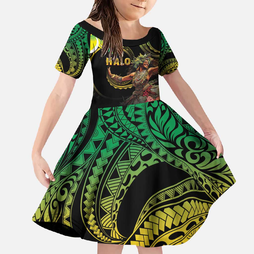 Halo Vanuatu Family Matching Off Shoulder Maxi Dress and Hawaiian Shirt Beautiful Woman Dancing LT05 Daughter's Dress Black - Polynesian Pride