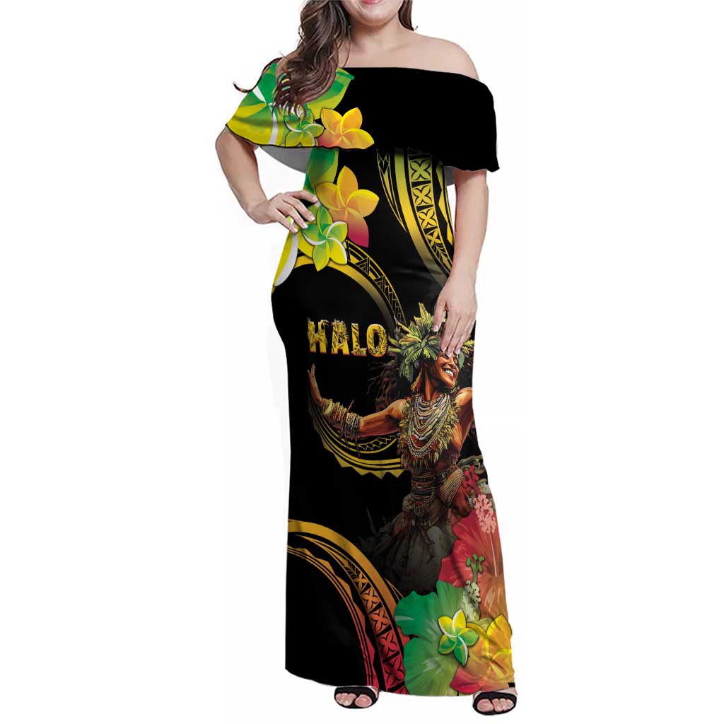 Halo Vanuatu Family Matching Off Shoulder Maxi Dress and Hawaiian Shirt Beautiful Woman Dancing LT05 Mom's Dress Black - Polynesian Pride