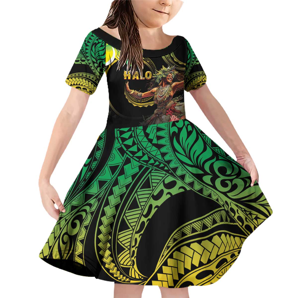 Halo Vanuatu Family Matching Off Shoulder Short Dress and Hawaiian Shirt Beautiful Woman Dancing LT05 Daughter's Dress Black - Polynesian Pride