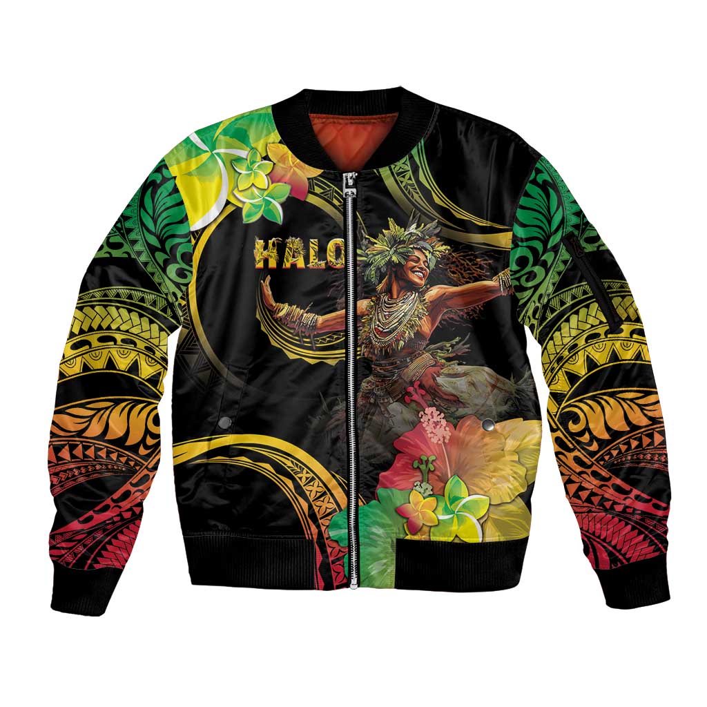 Halo Vanuatu Sleeve Zip Bomber Jacket Beautiful Woman Dancing LT05 Unisex Black - Polynesian Pride
