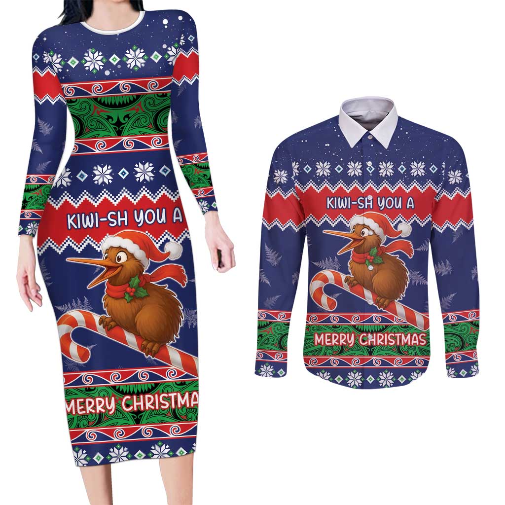 New Zealand Christmas Couples Matching Long Sleeve Bodycon Dress and Long Sleeve Button Shirt Kiwi-sh You A Merry Christmas LT05 Blue - Polynesian Pride