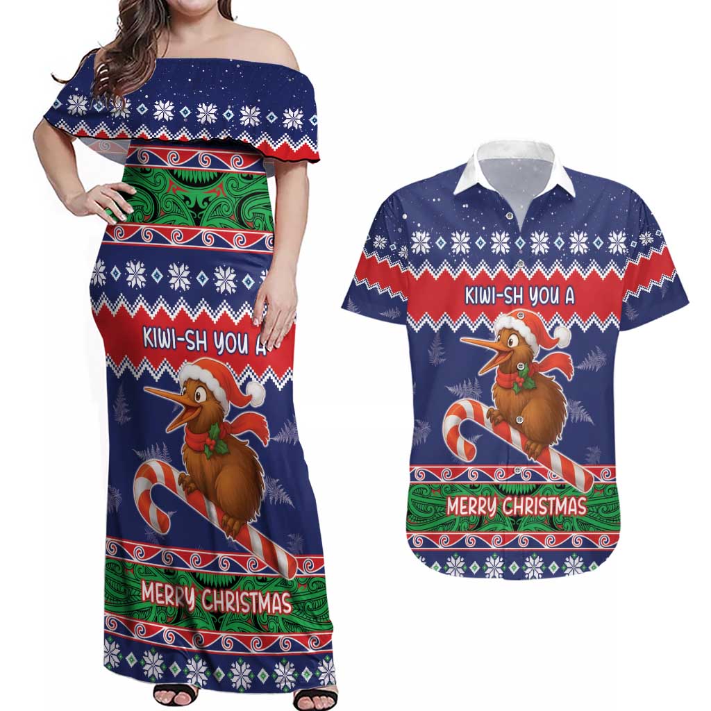 New Zealand Christmas Couples Matching Off Shoulder Maxi Dress and Hawaiian Shirt Kiwi-sh You A Merry Christmas LT05 Blue - Polynesian Pride