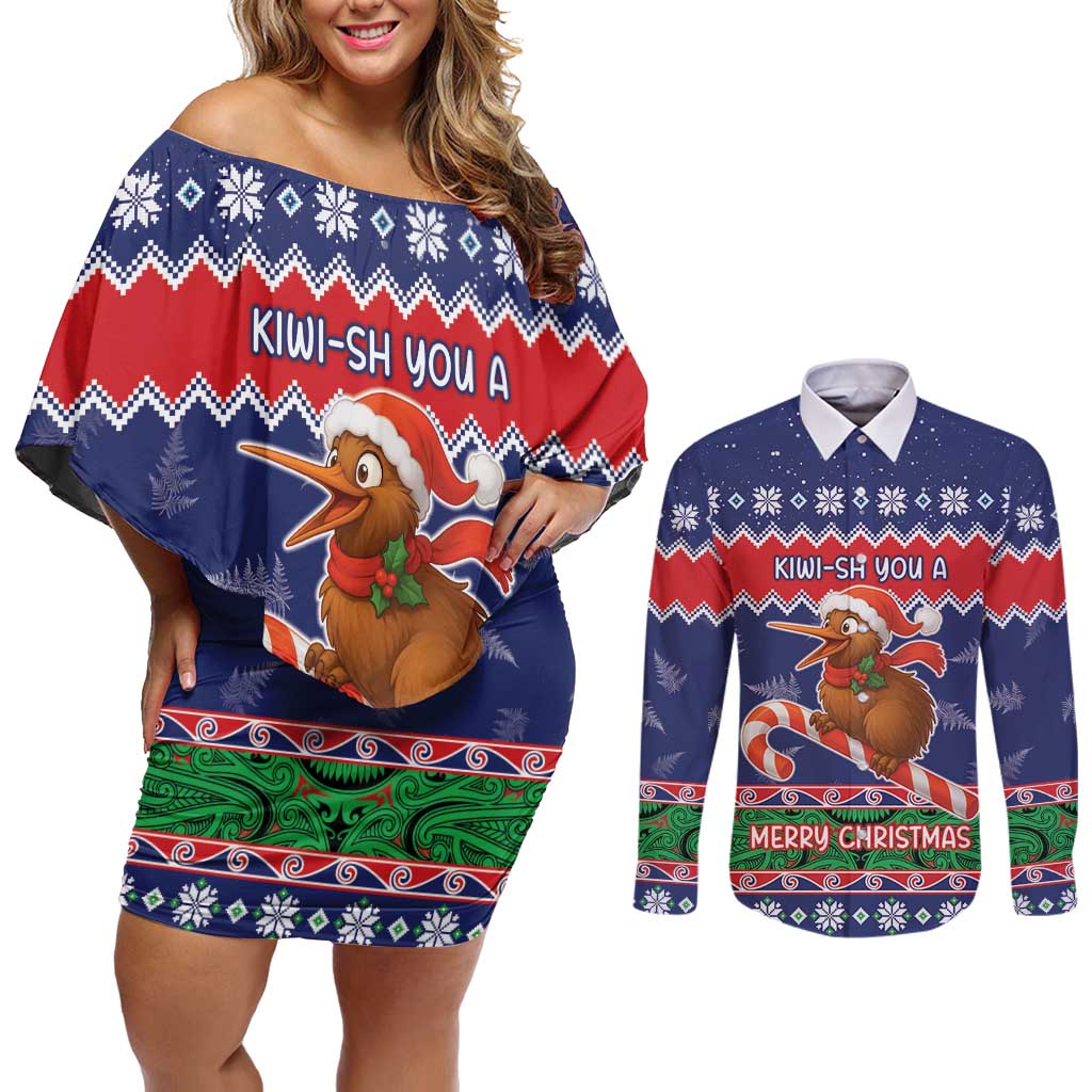 New Zealand Christmas Couples Matching Off Shoulder Short Dress and Long Sleeve Button Shirt Kiwi-sh You A Merry Christmas - Polynesian Pride