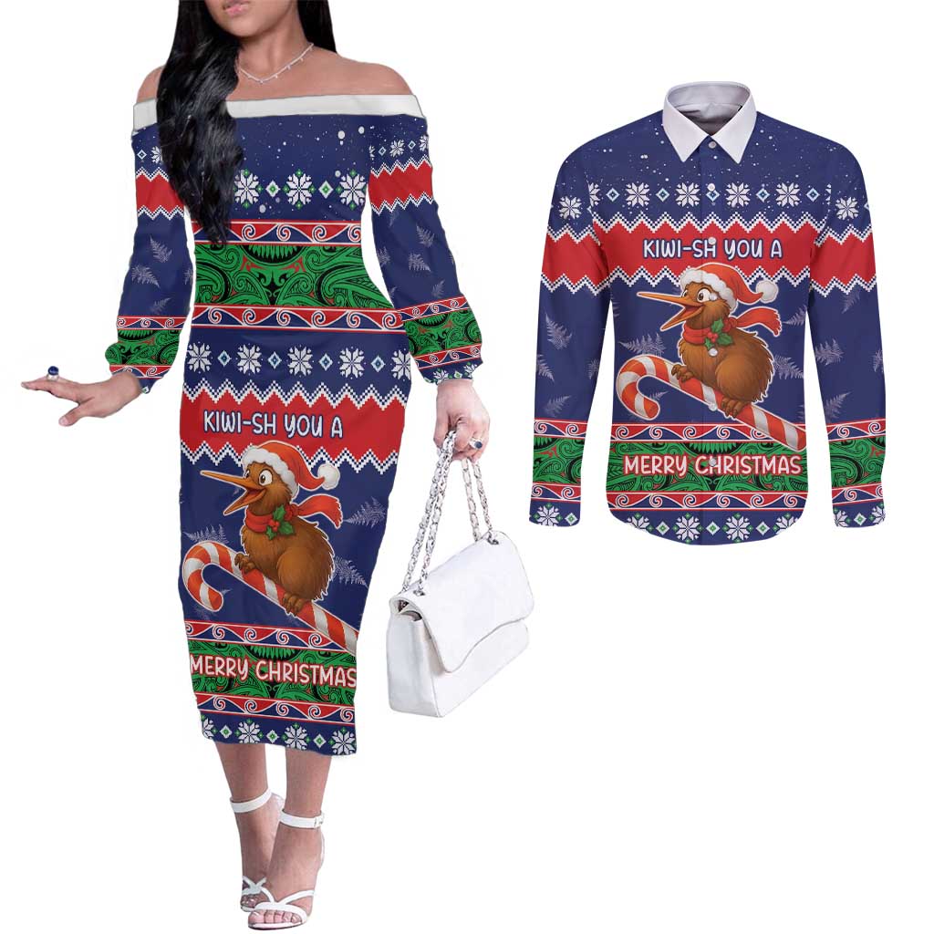 New Zealand Christmas Couples Matching Off The Shoulder Long Sleeve Dress and Long Sleeve Button Shirt Kiwi-sh You A Merry Christmas LT05 Blue - Polynesian Pride