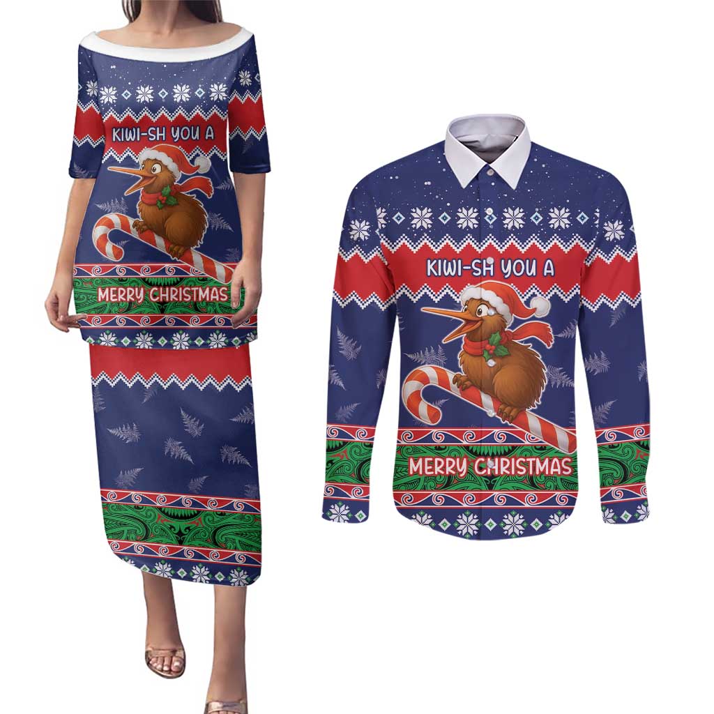 New Zealand Christmas Couples Matching Puletasi and Long Sleeve Button Shirt Kiwi-sh You A Merry Christmas LT05 Blue - Polynesian Pride