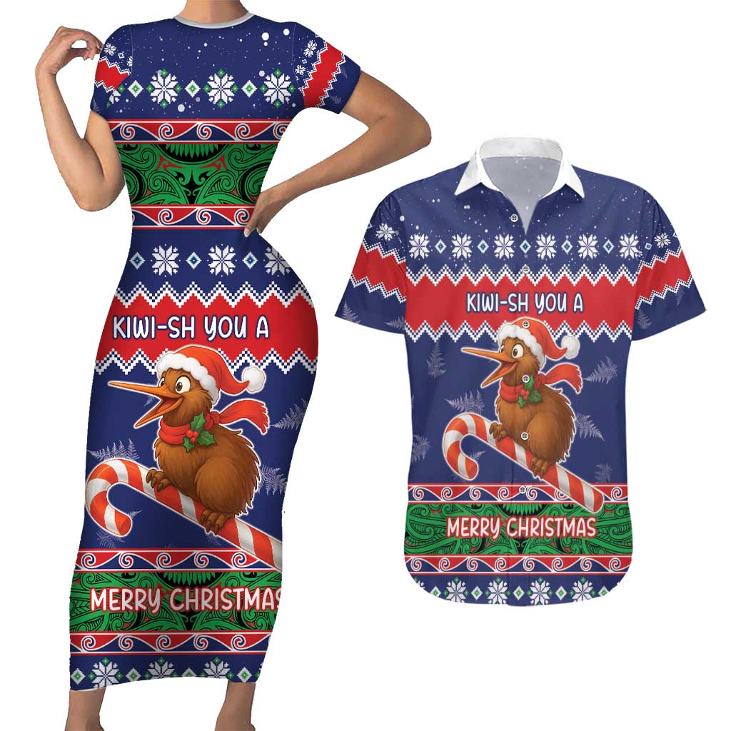 New Zealand Christmas Couples Matching Short Sleeve Bodycon Dress and Hawaiian Shirt Kiwi-sh You A Merry Christmas LT05 Blue - Polynesian Pride