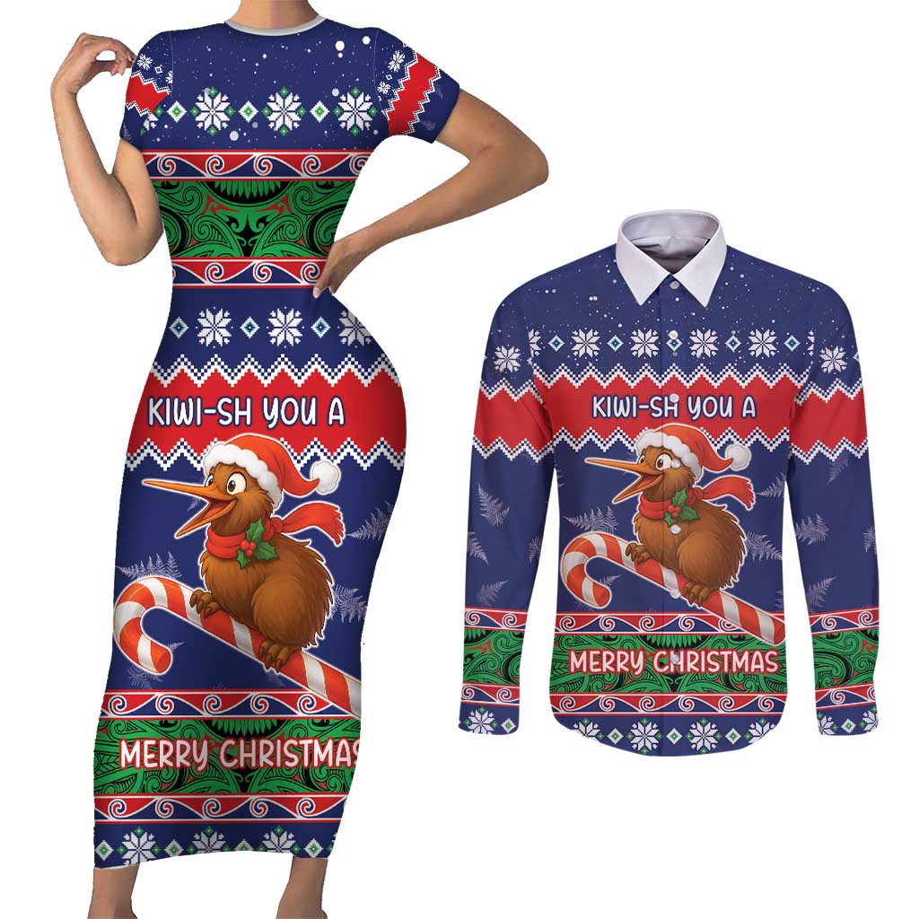 New Zealand Christmas Couples Matching Short Sleeve Bodycon Dress and Long Sleeve Button Shirt Kiwi-sh You A Merry Christmas LT05 Blue - Polynesian Pride