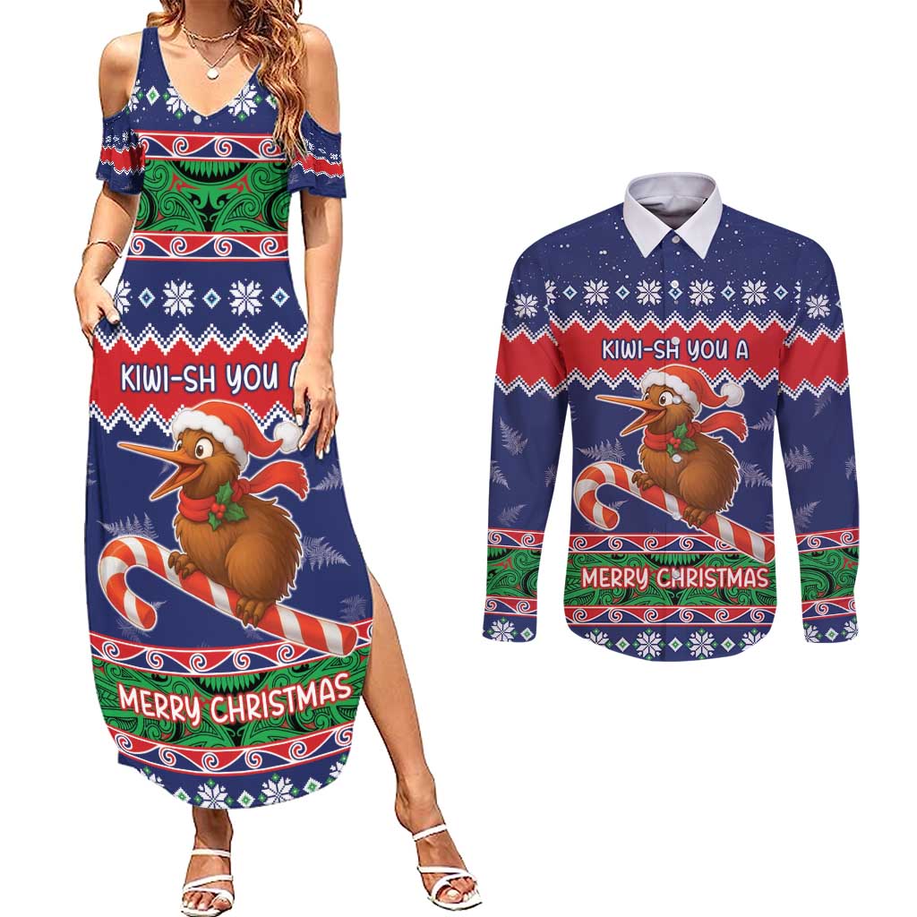 New Zealand Christmas Couples Matching Summer Maxi Dress and Long Sleeve Button Shirt Kiwi-sh You A Merry Christmas LT05 Blue - Polynesian Pride