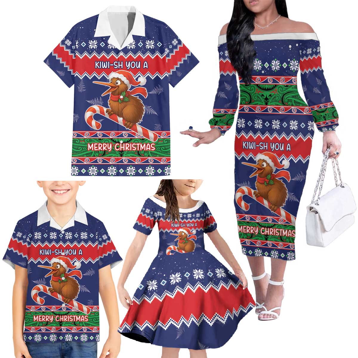 New Zealand Christmas Family Matching Off The Shoulder Long Sleeve Dress and Hawaiian Shirt Kiwi-sh You A Merry Christmas LT05 - Polynesian Pride