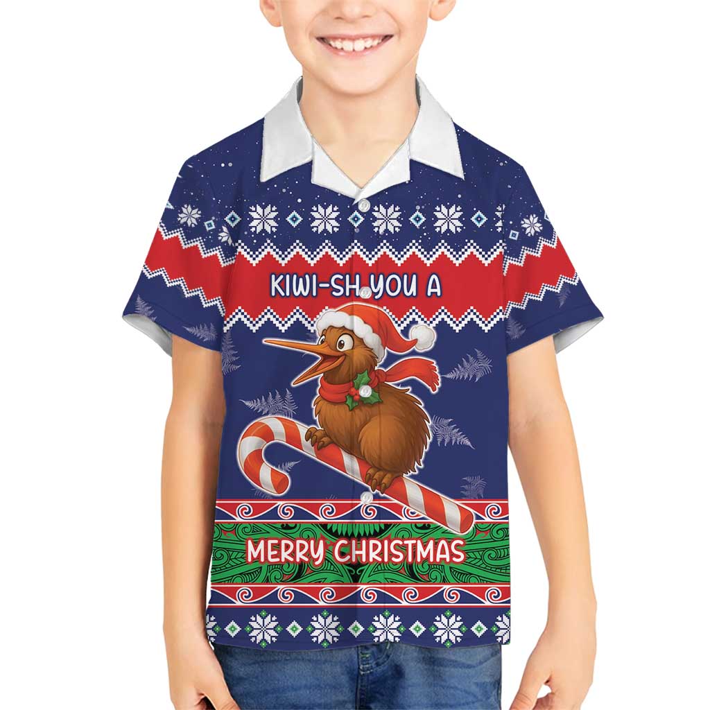 New Zealand Christmas Family Matching Off Shoulder Short Dress and Hawaiian Shirt Kiwi-sh You A Merry Christmas LT05 Son's Shirt Blue - Polynesian Pride