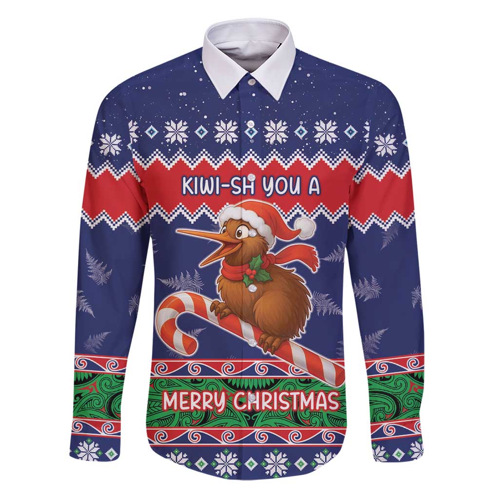 New Zealand Christmas Family Matching Puletasi and Hawaiian Shirt Kiwi-sh You A Merry Christmas LT05 Dad's Shirt - Long Sleeve Blue - Polynesian Pride