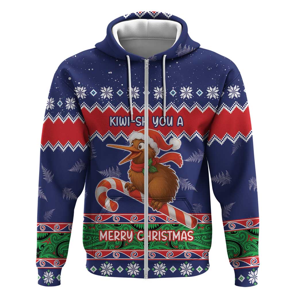 New Zealand Christmas Hoodie Kiwi-sh You A Merry Christmas LT05 Zip Hoodie Blue - Polynesian Pride