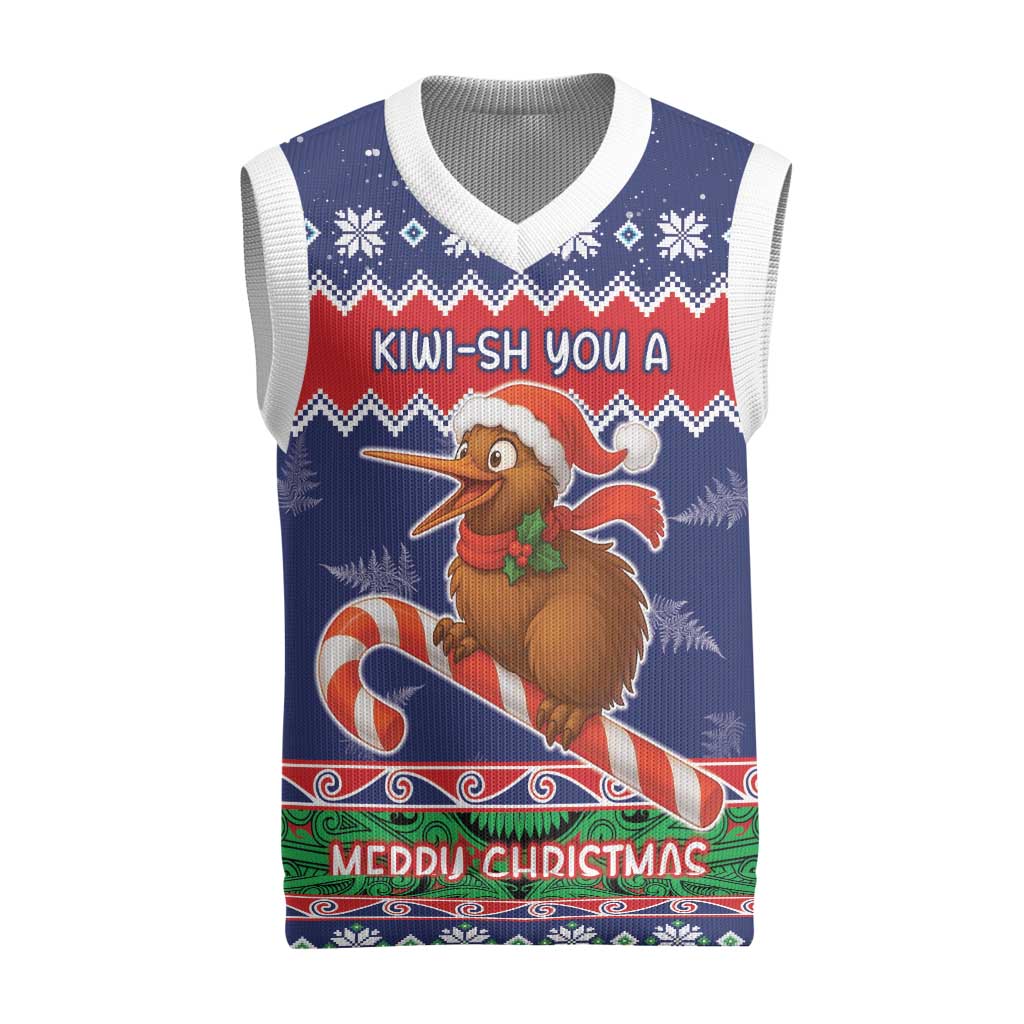 New Zealand Christmas Knitted V-Neck Vest Kiwi-sh You A Merry Christmas LT05 Blue - Polynesian Pride