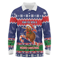 New Zealand Christmas Long Sleeve Polo Shirt Kiwi-sh You A Merry Christmas LT05 Blue - Polynesian Pride