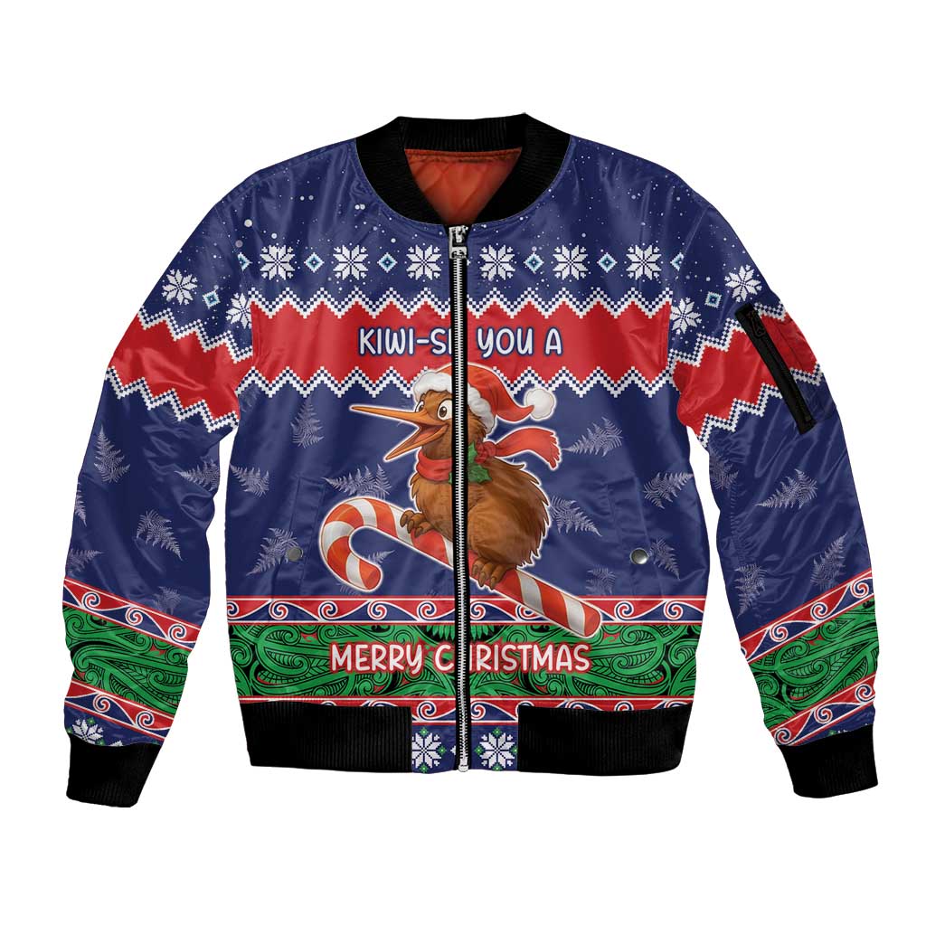 New Zealand Christmas Sleeve Zip Bomber Jacket Kiwi-sh You A Merry Christmas LT05 Unisex Blue - Polynesian Pride