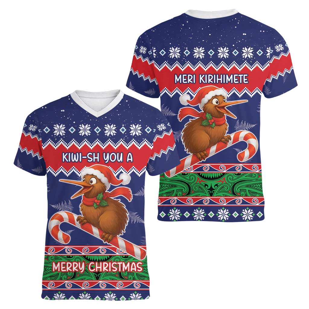 New Zealand Christmas Women V-Neck T-Shirt Kiwi-sh You A Merry Christmas LT05 - Polynesian Pride